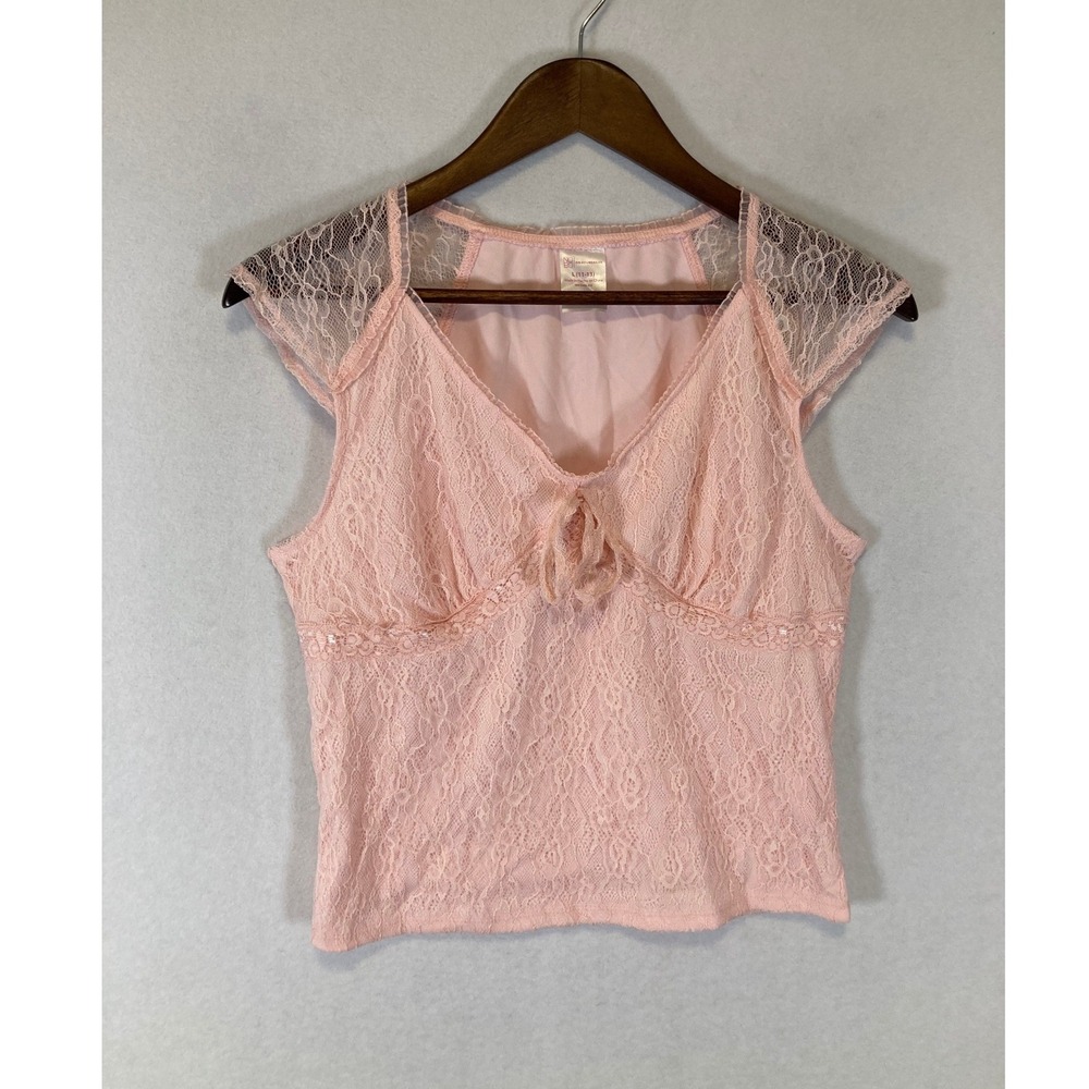 Coquette No Boundaries Women Large Pink Lace Sequin Cap Sleeve V-Neck Tie‎ Top